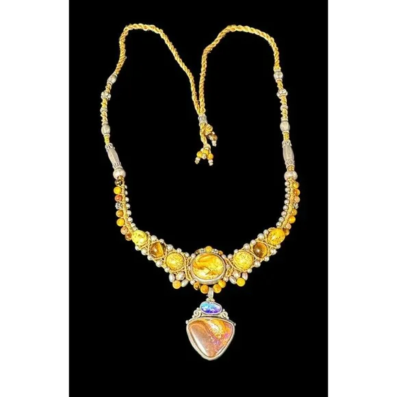 Vintage Southwestern Sterling Silver, Jasper, and Moonstone Necklace Ethnic - Picture 2 of 7